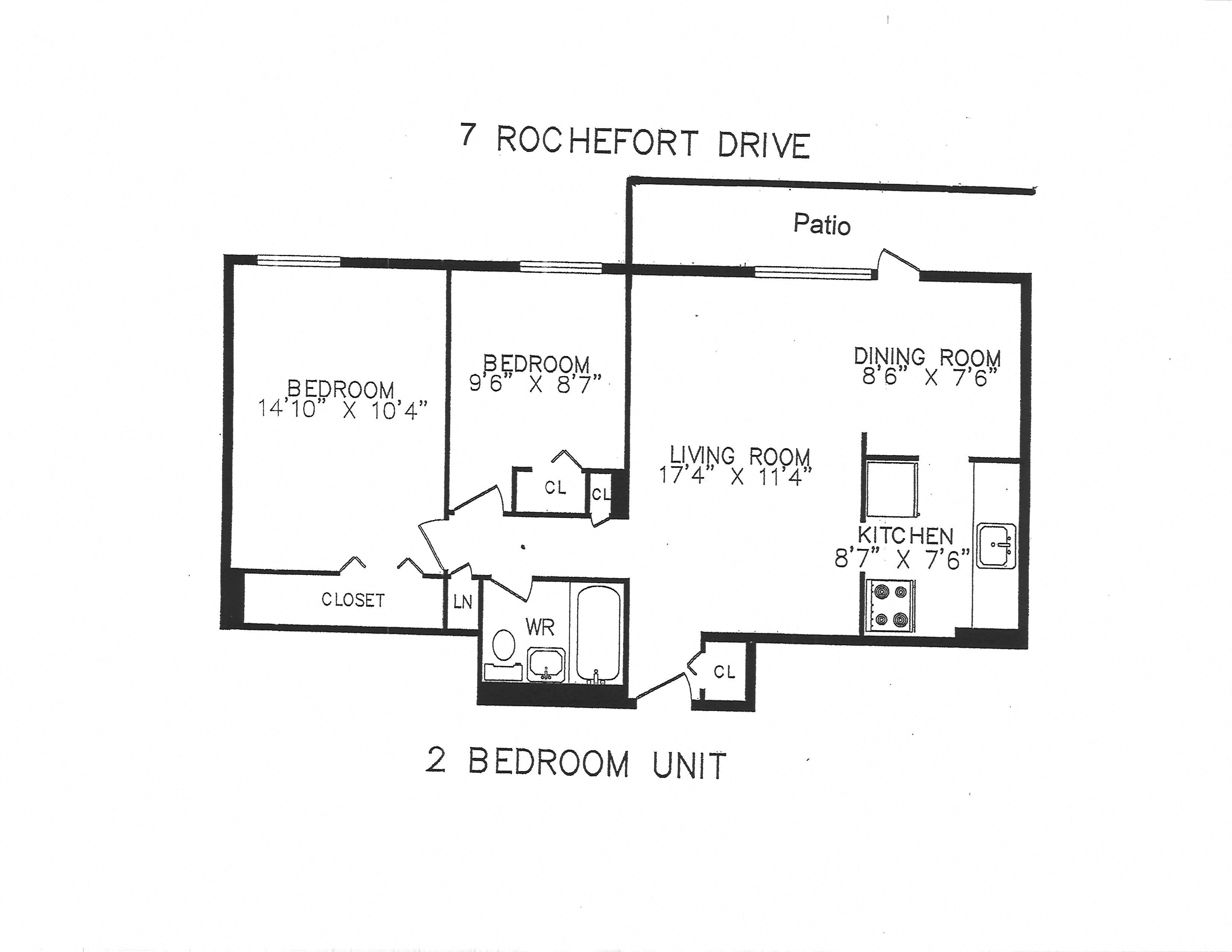 Floor plan for 2 beds, 1 bath, 715 sqft